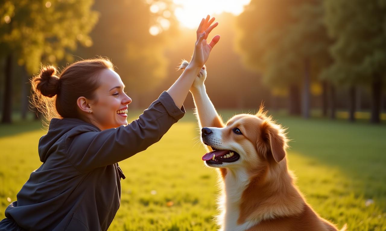 Een blije hond en eigenaar die een high-five doen in een park.